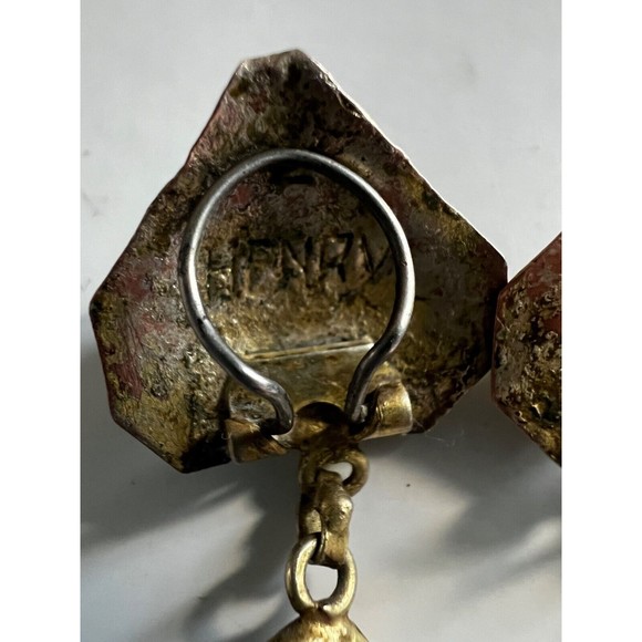 Vintage Mid Century HENRY PERICHON  Earrings Faux Turquoise  Gilt Bronze Rare - Picture 11 of 16